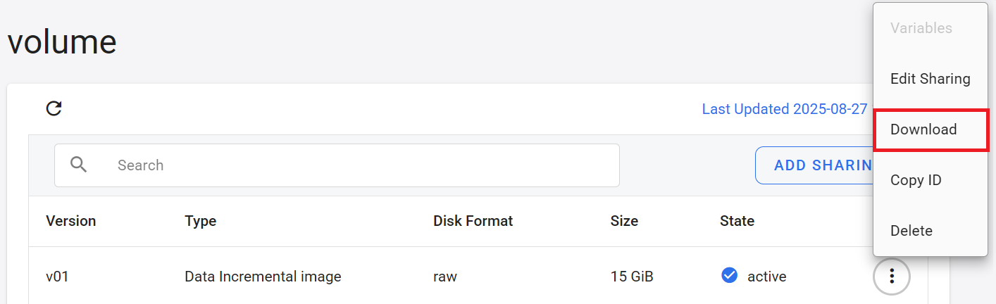 Virtual volume export to vm image