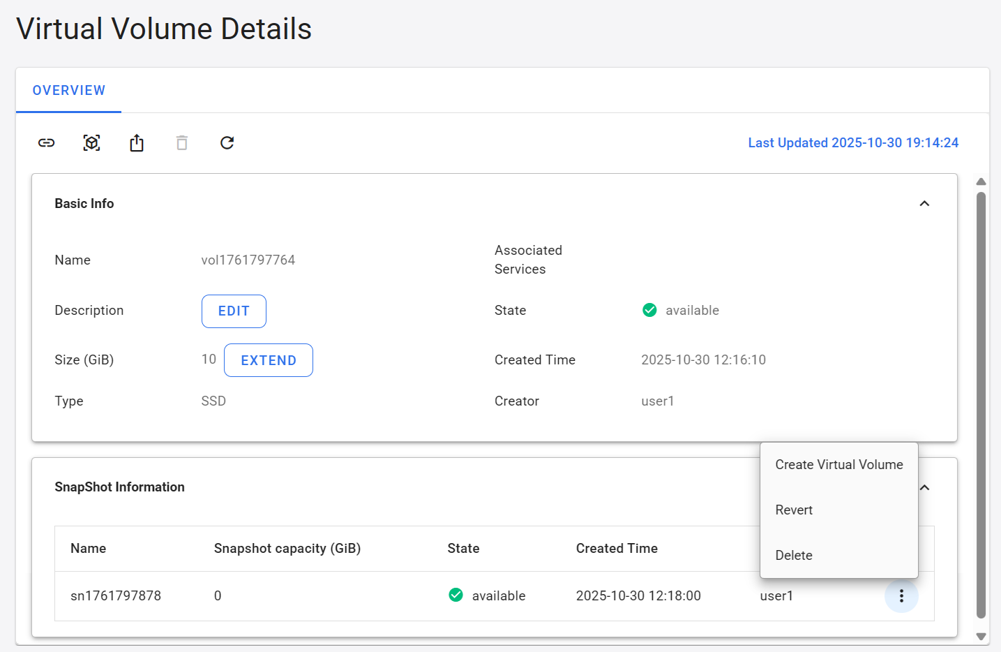 Virtual volume snapshot management
